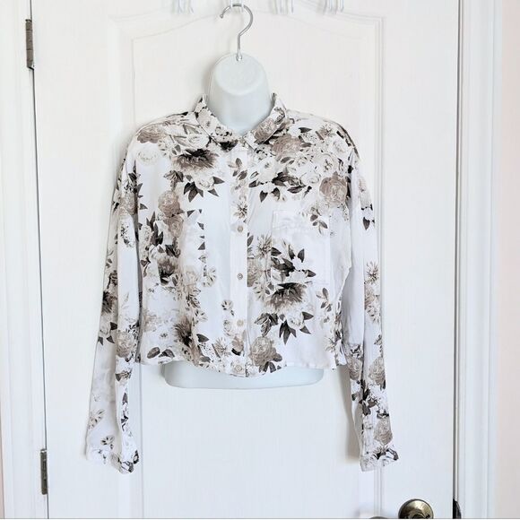 Smart SET white floral blouse crop top brown roses viscose Medium reworked - Picture 2 of 11